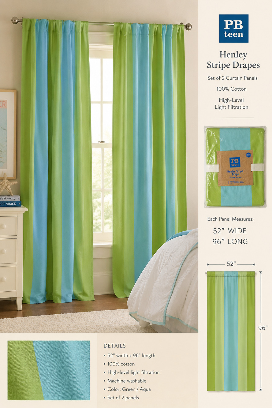 PB Teen Henley Stripe Drapes 96” Green Blue Cotton Curtain Panels Pair Coastal